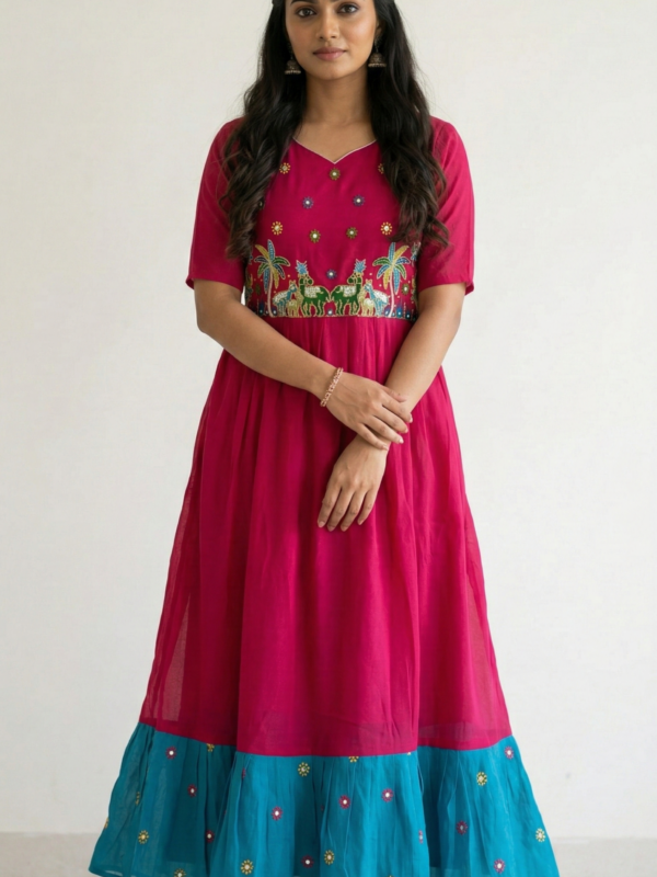 Pink and Blue Mul Chanderi Frock