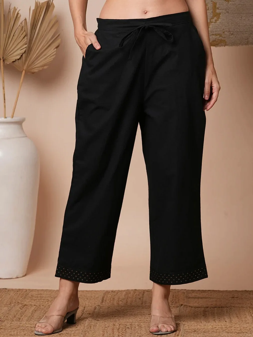 Black Embroidered Straight Pants - Image 2