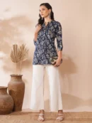 Blue Shirt with Floral Leaf Print