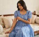 Blue Cotton Handloom Midi Dress for Women with Puff Sleeves